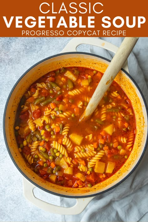 Make a comforting winter soup with this Progresso Copycat Classic Vegetable Soup! This tomato based vegetable soup is loaded with veggies, potatoes, and some rotini pasta to make it extra filling. Vegetable Pasta Soup Recipe, Tomato Based Soups Vegetarian, Vegetable Soup With Tomato Sauce, Vegetable And Noodle Soup, Tomato Pasta Soup Recipes, Crockpot Vegetable Soup With Noodles, Tomatoe Base Vegetable Soup, Tomato Soup Based Recipes, Vegetable Soup Tomato Base