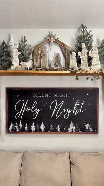 Nativity Tray Decor, Christmas Navity Decor, Silent Night Table Decor, Nativity Christmas Decor Ideas, How To Style A Nativity Scene, Christmas Decor Ideas Nativity, Nativity Theme Christmas Decor, Nativity Scene Set Up Ideas, Nativity Scene Mantle Display