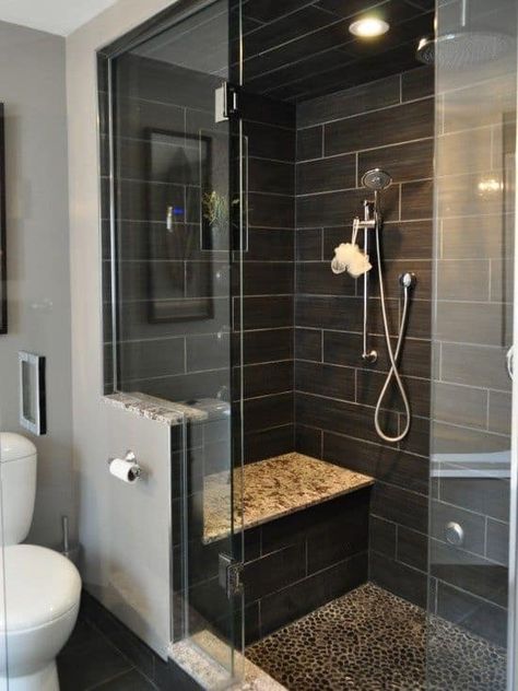 black subway tile shower - Trendir Redecorate Bathroom, Slate Bathroom Tile, Shower Remodel Diy, Small Shower Remodel, Walk In Shower Designs, Bathroom Shower Design, Black Tile, Stunning Bathrooms, Bathroom Shower Tile