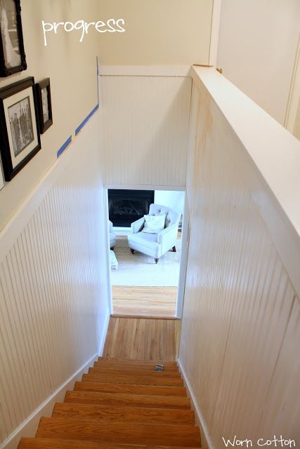 beadboard... stop at 8ft? Leave wallpaper Beadboard Up Stairway, Bead Board Stairwell, Staircase Beadboard, Wallpaper Basement Stairwell, Beadboard Stairwell, Shiplap Projects, Shiplap Stairwell, Basement Stairwell Ideas, Basement Transformation