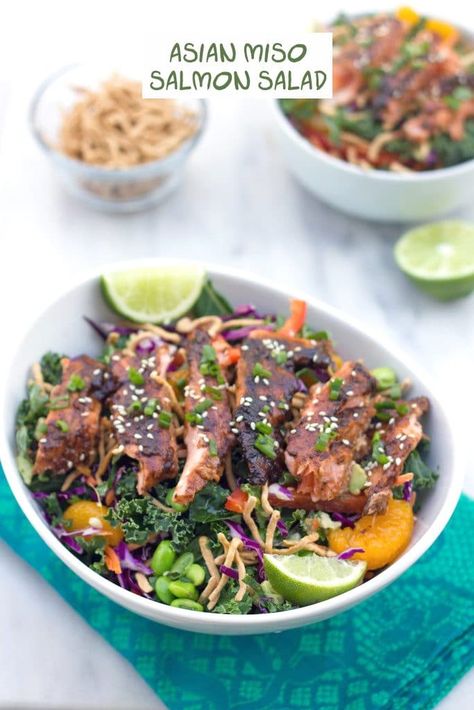 Tasty Salads, Asian Salmon, Ginger Miso, Ginger Salmon, Miso Salmon, Salmon Salad Recipes, Miso Dressing, Asian Inspired Dishes, Salmon Avocado