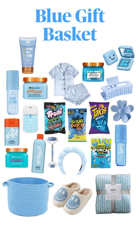 Homemade Housewarming Gifts, Blue Gift Basket, Making A Gift Basket, Easy Birthday Gifts, Blue Basket, Best Gift Baskets, Birthday Basket, Cool Gifts For Teens, Cute Gifts For Friends