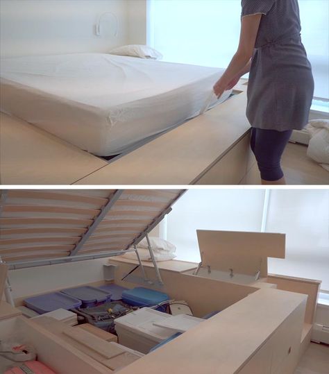 A custom designed platform bed that's been raised up to create hidden storage. Small Bedroom With Storage, Sunken Bed, Bedroom With Storage, Concrete Bed, Lift Up Bed, Raised Platform, Interior Design Masters, Beds For Small Spaces, Japanese Bedroom