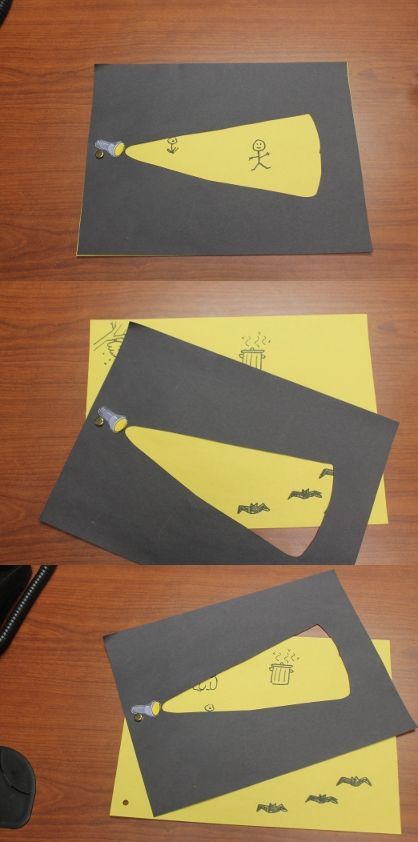 Here is a flashlight craft using black and yellow construction paper and a paper fastener. Light And Dark Art, Detective Crafts, Shadow Experiments, Flashlight Craft, Paper Fastener, Shadow Activities, Construction Paper Crafts, Camping Crafts, Construction Paper