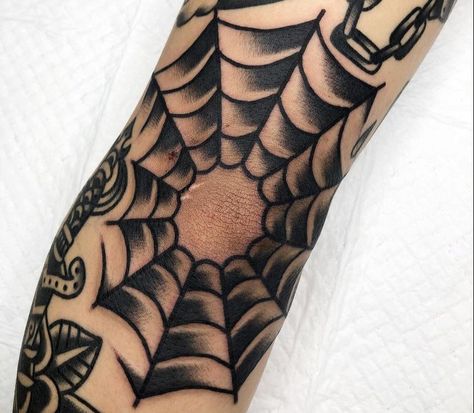 American Trad Spider Web, Old School Web Tattoo, Traditional Cobweb Tattoo, Spiderweb Knee Tattoo Traditional, Spiderweb Elbow Tattoo Traditional, American Trad Elbow Tattoo, Knee Web Tattoo, Old School Spider Web Tattoo, Cobweb Elbow Tattoo