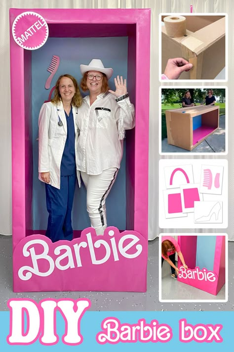 How To Create A Barbie Photo Booth, Barbie Swim Party Ideas, Barbie Party Box Diy, Barbie Photo Booth Ideas, Lifesize Barbie Box Photo Booths Diy, Barbie Birthday Box Diy, Barbie Decoration Ideas, Barbie Day Activities, How To Build A Barbie Photo Booth