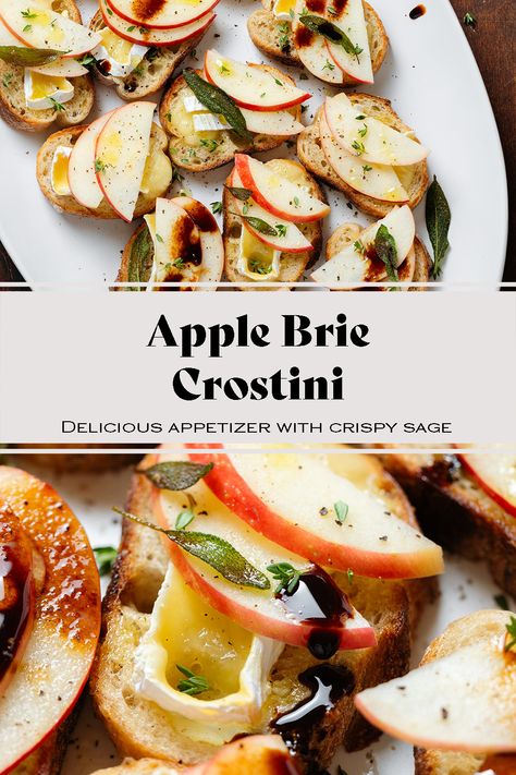 This Apple Brie Crostini is a delicious appetizer, perfect for fall and winter, and especially the holiday season! These little brie bites are crispy, cheesy, savory, and a little sweet. They're easy to make, simple but fancy, and perfect for a crowd. Apple & Brie Crostini With Hot Honey, Apple Brie Honey Crostini, Brie And Apple Crostini, Apples And Brie, Brie Snack Ideas, Apple Crostini Appetizers, Brie Apple Honey Crostini, Apple And Brie Crostini, Thanksgiving Appetizers Crostini