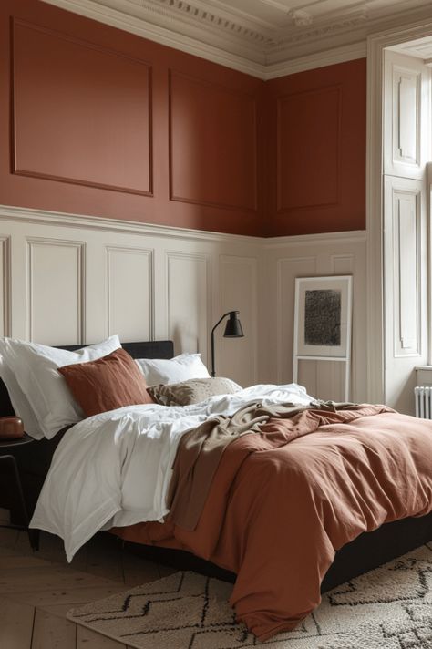 Orange Panelling Bedroom, Bedroom Clay Color, Terracotta Feature Wall Bedroom, Terracotta Walls Bedroom, Light Red Bedroom, Colour Drenched Bedroom, Terracotta Bedding, Bedroom Terracotta, Dark Bedroom Decor