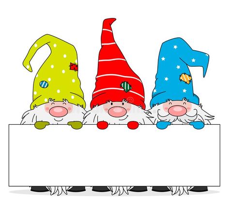 Three gnomes with blank sign vector illustration Sitting Gnome Drawing, Gnome For Christmas Cards, Gnome Holding Sign, Christmas Gnomes Clip Art, Gnome For The Holidays Cards, Bookmark Making, Card Embossing, Santa Card, Blank Sign