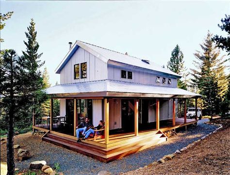 Cosy Metal Building Cabin w/ Wrap Around Porch (HQ Plans & Pictures) | Metal Building Homes Metal Shop Building, Metal Building Home, A Small House, Shop House Plans, House With Porch, Wrap Around Porch, Hus Inspiration, Small Cabin, Metal Building Homes