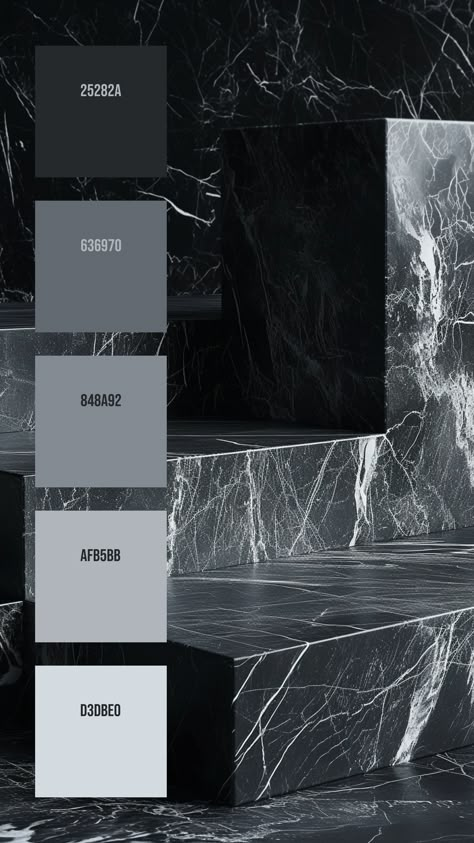 Colors:
25282A
636970
848A92
AFB5BB
D3DBE0 Grey Color Matching, Dark Mode Color Palette, Dark Luxury Color Palette, Cool Gray Color Palette, Dark Pallete, Black Pallete, Black Colour Palette, Architecture Drawing Plan, Design Palette