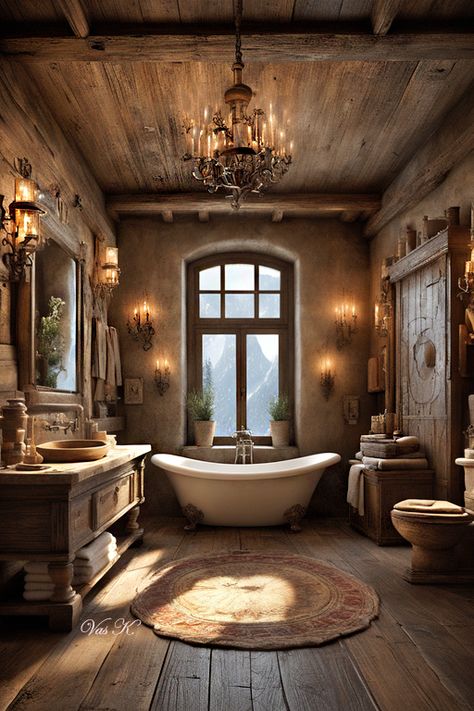 Rock Flooring Bathroom, Rustic Walk In Shower Ideas, Log Cabin Bathroom Ideas, Cowboy Tub, British Bathroom, Tuscan Bathroom, Cabin Bathrooms, Rustic Bathroom Designs, Rustic Room