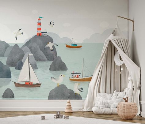 NEW Peel and Stick / Traditional by the Sea Ocean Animals - Etsy Nautical Mural, Ocean Animal Nursery, Coastal Wallpaper, Professional Decor, Ocean Animals, Animal Nursery, Sea And Ocean, Child's Room, Archipelago