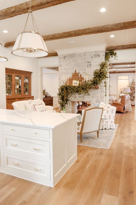 Family Room In Kitchen, Kitchen And Hearth Room Layout, Open Kitchen With Fireplace, Farmhouse Keeping Room Off Kitchen, Charming House Interior, Farmhouse Remodel Interior, Fireplaces In Kitchens Farmhouse, New Build With Old Charm, Cozy Hearth Room