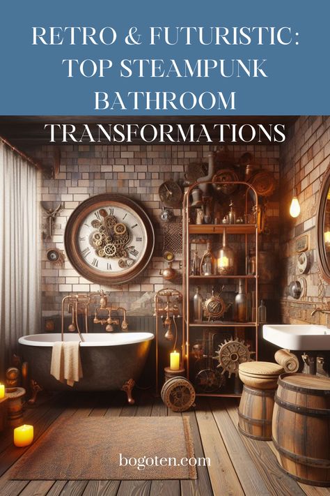 Immerse in a world where vintage charm meets industrial grit! Our curated list of Steampunk bathroom ideas is your ticket to transforming your ordinary bathroom into a whimsical Victorian-era haven. With a dash of mechanical magic, see how these unique designs redefine everyday spaces. Dive in now and fuel your imagination for your next remodeling project! Steampunk Bathroom Ideas, Retro Bathroom Ideas Vintage, Steam Punk Bathroom, Steampunk House Interiors, Steampunk Bathroom Decor, My Mechanical Romance, Steampunk Library, Steam Punk Aesthetic, Steampunk Bedroom