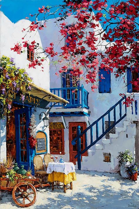 Greece Oil Painting, Greece Art Paintings, Building Painting Acrylic, Paintings Of Greece, Mykonos Painting, Complex Paintings, Greece Buildings, Europe Painting, Greece Images