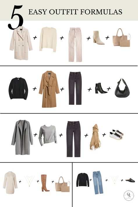 25 items you need for the most versatile and classic fall wardrobe. From athleisure to workwear there are 100+ outfits to choose from! fall outfit, fall capsule collection, womens fall outfits, fall outfit ideas, what to wear in fall, chic fall outfits, mom fall outfit ideas Fall Basic Outfits Capsule Wardrobe, Fall Outfit Formulas, Outfit Formulas Women, Minimalist Fall Wardrobe, Fall Neutral Outfits, Bag Capsule Wardrobe, Black Capsule Wardrobe, Girl Math, Outfits Mom