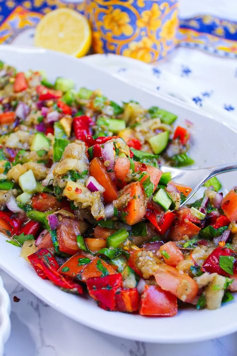 EGGPLANT SALAD RECIPE - Maral in the Kitchen Eggplant Salad Recipes, Eggplant Salad, Eggplant Dishes, Diced Onions, Herbs And Spices, Cucumber Salad, Fresh Tomatoes, Bell Peppers, Red Peppers