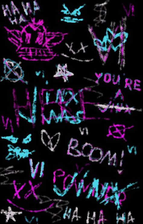 Black background with graffiti like scribbles in white, neon blue and pink. The theme is of the character Jinx from the TV-show Arcane on Netflix. Ekko League Of Legends, Powder Arcane, League Of Legends Poster, Get Jinx, Graffiti Pictures, Jinx Arcane, Jinx League Of Legends, Graffiti Wallpaper, Iphone Design