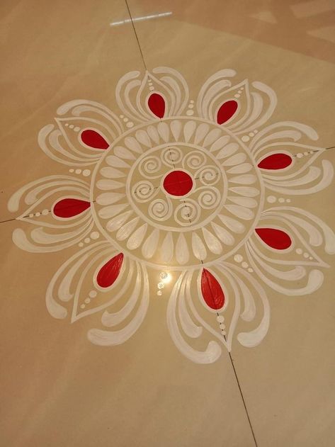 Alpona painting on floor Easy Alpana Designs Bengali, Rangoli With Paint, Easy Alpona Design Bengali, Easy Alpana Designs, Rangoli Designs With Paint, Alpona Design Bengali Easy Simple, Alpona Design Bengali, Painting Rangoli Design, Alpona Art