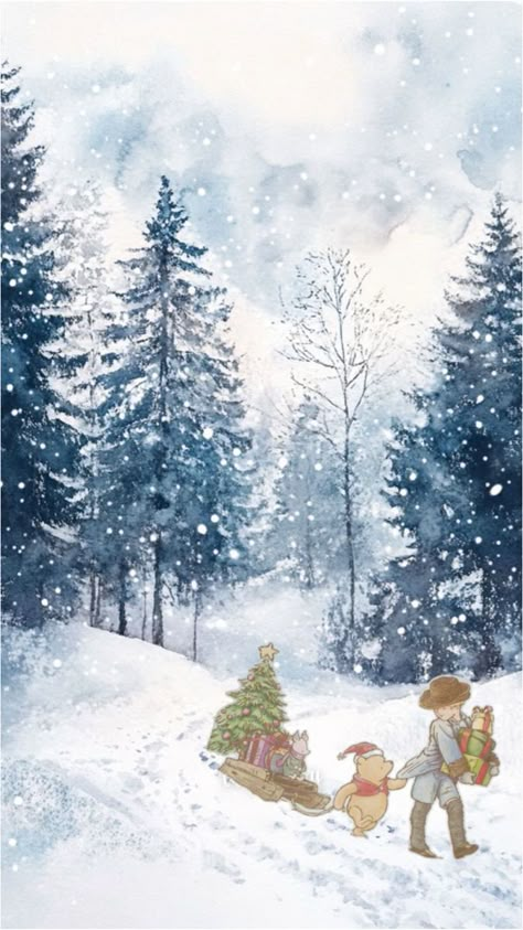 Snowy evergreen forest, Christopher Robin and Winnie the Pooh pull a sled with Piglet and gifts and a Christmas tree on it. Disney Christmas Wallpaper Aesthetic, Mid Winter Christmas, Christmas Winnie The Pooh, Pooh Pictures, Iphone Wallpaper Winter, Winnie The Pooh Pictures, Winnie The Pooh Christmas, Hundred Acre Woods, Apple Watch Face