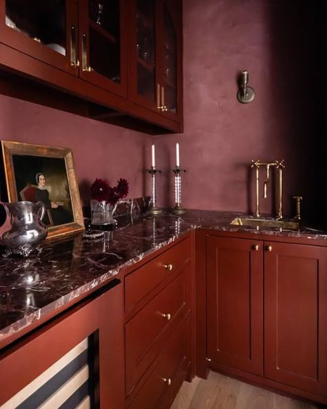 Aria Stone Gallery | Our Rosso Levanto Italian marble is known for having a deep red color with lively white veining. It adds a unique warmth and complexity to... | Instagram Dark Maximalist Kitchen, Maroon Ceiling, Red Marble Countertops, Red Marble Kitchen, Burgundy Kitchen, Rosso Levanto Marble, Baltimore House, Stone Countertops Kitchen, Vegas Club