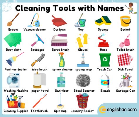 Cleaning Tools with Names with Pictures Picture Vocabulary, Cleaning Supplies List, Learn Vocabulary, English Learning Books, Language Centers, Free Preschool Worksheets, Arabic Alphabet For Kids, English Vocab, Good Vocabulary Words