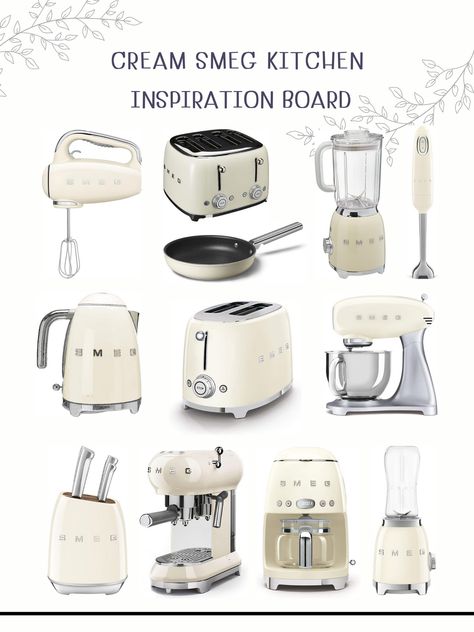 hand mixer, toasters, electric kettle, coffee machine, coffee drip machine, smoothie blender, drip machine coffee Coffee Machine Organization, Smeg Appliances Cream, Smeg Cream Appliances, Cream Appliances Kitchen, Smeg Aesthetic Kitchen, Retro House Ideas, Smeg Appliances Aesthetic, Drip Coffee Machine, Aesthetic Coffee Machine