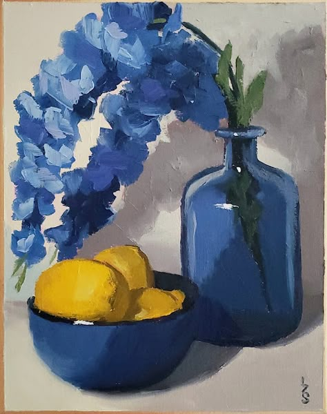 Contemporary impressionist still life oil painting of blue flowers in a blue glass vase and a bowl of lemons against a tan background. Great home decor for kitchens, living rooms and guest rooms. Happy summer themed gift for Mother's Day, anniversaries or housewarming. Blue Flower Oil Painting, Still Life Vase Painting, Still Lives Painting, Blue Vase Painting, Blue Themed Paintings, Contemporary Still Life Painting, Blue Glass Vase Decor, Simple Still Life Painting, Still Life For Beginners