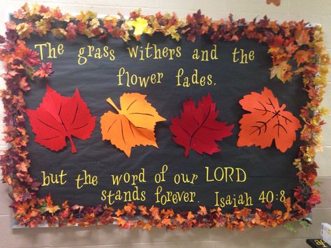 Fall Fellowship Hall Decor, Harvest Decorations For Classroom, Fall Bulletin Boards Christian School, Christian Fall Decor Diy, Fall Bible Class Bulletin Boards, Fall Sunday School Decorations, Church Bulletin Board Ideas Fall, Sunday School Fall Bulletin Boards, Church Fall Bulletin Board Ideas