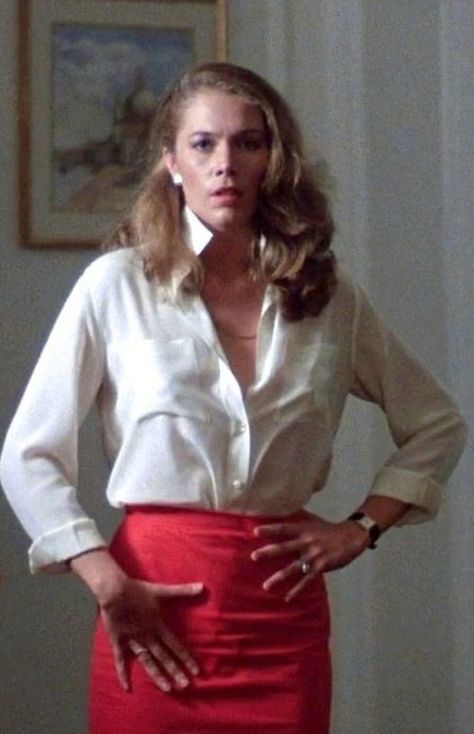 Kathleen Turner Body Heat, Heat Movie, Kathleen Turner, Rachel Ward, White Silk Blouse, Red Pencil Skirt, Neo Noir, Satin Blouses, Hot Flashes