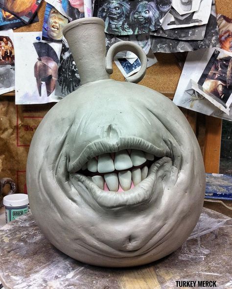 Don’t worry...be happy. How I feel when I finally have a little time to sculpt something. Mouth Jug from back in the. Stoneware. WIP.… Face Jugs, Human Sculpture, Ceramic Art Sculpture, Face Carving, Abbott And Costello, Arts Gallery, Ceramic Stoneware, Ceramic Workshop, Ceramic Fish