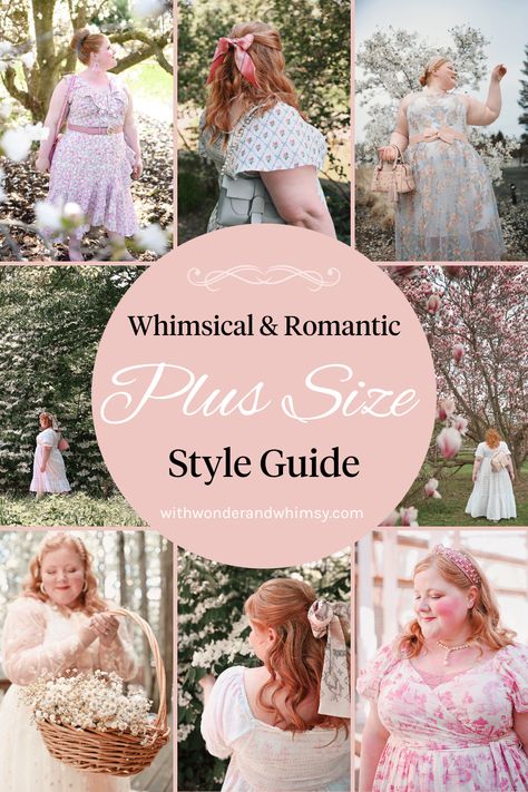 Whether you’re looking for the prettiest plus size dresses, cottagecore fashions, or everyday style inspiration with a feminine lean, you’ll find it here on With Wonder and Whimsy. In this post specifically, we’ll be taking a deep dive into romantic plus size fashion: where to shop for pretty clothes, how to build a feminine wardrobe, and my favorite outfit formulas and styling tips. I’m also rounding up the best romantic plus size fashions for you to shop as you curate your dream closet. Romantic Dress Outfit, Modest Feminine Outfits Plus Size, Plus Size Outfits Feminine, Feminine Whimsical Style, Plus Size Royalcore, Kibbe Romantic Plus Size Outfits, Feminine Aesthetic Plus Size, Curvy Cottagecore Fashion, Curvy Romantic Outfit