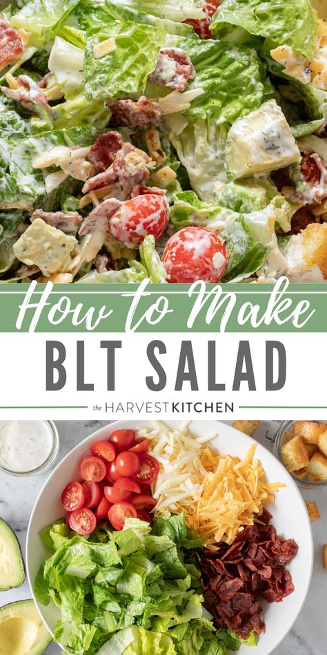 This easy chopped BLT Salad recipe is crowded with crispy lettuce, turkey bacon, juicy tomatoes, creamy avocado, cheese and homemade croutons. We toss this bacon lettuce tomato salad in a delicious creamy Ranch Dressing that makes this salad out-of-this-world delicious! Bacon Lettuce And Tomato Salad, Salad In A Bag Recipes, Blt Bowl Salad, Different Lettuce Salads, Easy Dinner Recipes Salads, Keto Salads For A Crowd, Blt Lettuce Salad, Blt Salad Recipe Dressing, Not Salad Salads