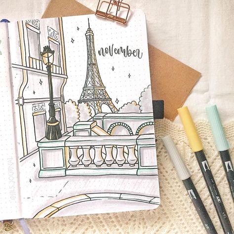 j i l l i a n 🦋 on Instagram: “Novemberrr✨ • Happy second last month of the year everyone!! This is my cover page😁 I had a lot of fun doing Paris doodles for this…” March Themes, Diy Science Experiments, Bullet Journal Cover Page, Iphone Life Hacks, Bulletin Journal Ideas, Bullet Journal Themes, Bullet Journal Art, Handmade Book, Creative Journal