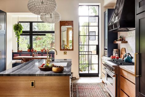 17 Warm and Welcoming Kitchens in Brooklyn | The Study Ligne Roset Sofa, Brooklyn Kitchen, Dark Wood Table, Pine Dining Table, Art Deco Chair, Budget Friendly Decor, Kitchen Backsplash, A Kitchen, House Tours