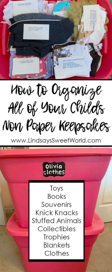 Lindsay's Sweet World: How to Organize All of Your Child's Keepsakes - Clothes and Other Non-Paper Items Organisation, How To Organize Keepsakes, Child Keepsake Storage, How To Store Keepsakes, Child Memory Box Ideas, Kids Keepsake Storage, Keepsake Storage Ideas, School Keepsake Boxes, Organize Keepsakes