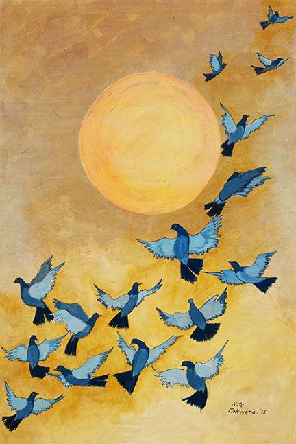 A beautiful sunset and a crowd of pigeons flying in the sky depicted well enough in this painting. Artist  - Natu Makwana Size – 24" x 36" Medium - Acrylic On Canvas www.worldarthub.com #paintings #art #Acrylic_on_Canvas #Canvas #worldart Birds In The Sky Drawing, Flying Birds Painting, Pigeon Painting, Pigeons Flying, Drawing Sky, Dove Painting, Flying Pigeon, Fly Drawing, Bird Painting Acrylic