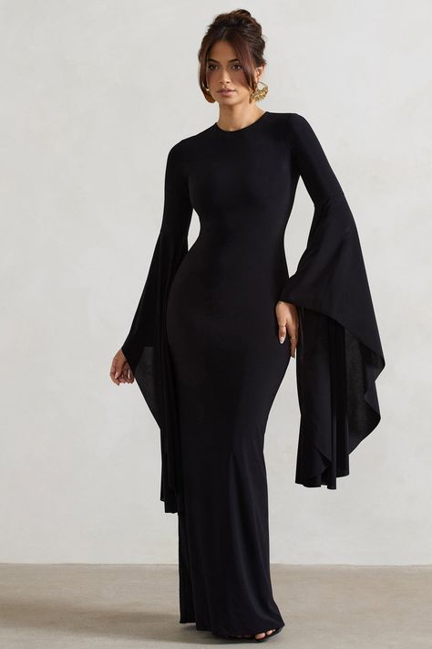 Modest Birthday Dress, Hijabi Fashion Dress, Black Modest Dress, Unique Sleeves Design, Modest Gowns, Modest Black Dress, Long Sleeve Black Maxi Dress, Club L London, Flare Sleeve Dress