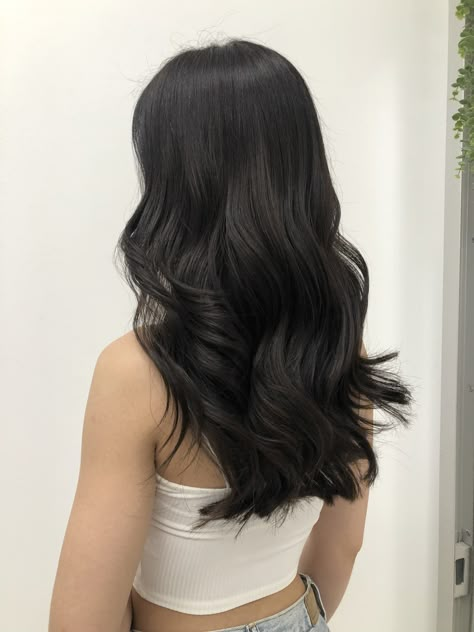 Long black hair styled with curls Long Dark Black Hair, Black Hair On Brunettes, Soft Curls Dark Hair, Neutral Black Hair Color, Hairstyle For Prom Black Hair, Black Hair Hairstyles Wedding, Brownish Black Hair Color, Soft Curls Black Hair, Light Black Hair Color