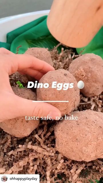 Kido_library on Instagram: "Posted @withregram • @ohhappyplayday DINO EGGS 🦕 Taste safe and no baking required! ♥️ and SAVE to try! 🌟 EGG RECIPE 🌟 ✔️4 cups of flour (spread thinly and bake at 350 degrees F for 5 minutes until internal temperature reaches 160 degrees to reduce potentially harmful bacteria) ✔️ 1/2 cup of cocoa powder ✔️ 1 cup of oil 🌟 TO MAKE 🌟 1️⃣ Mix ingredients well 2️⃣ Form eggs and hide plastic dinosaurs inside 3️⃣ FREEZE - 30 minutes in the freezer was the perfect fi Baking Soda Dinosaur Eggs, Dino Dig Dramatic Play, Dino Eggs Diy, Dino Egg Craft, Taste Safe Mud, Dinosaur Egg Craft, Dino Egg Hunt, Diy Dinosaur Eggs, Dinosaur Sensory