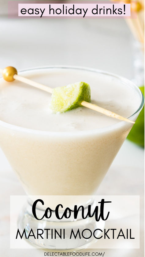 This Easy Coconut Martini Mocktail Recipe is icy and creamy and feels very sophisticated and tropical all at once! 5 simple ingredients blend into a perfect non-alcoholic martini. Coconut Cream Mocktail Recipe, Coconut Milk Mocktail Recipe, Coconut Mocktail Recipes, Creamy Mocktail Recipe, Martini Mocktail Recipe, Coconut Milk Cocktail Recipes, White Mocktails Non Alcoholic, Coconut Martini Recipe, Non Alcoholic Martini