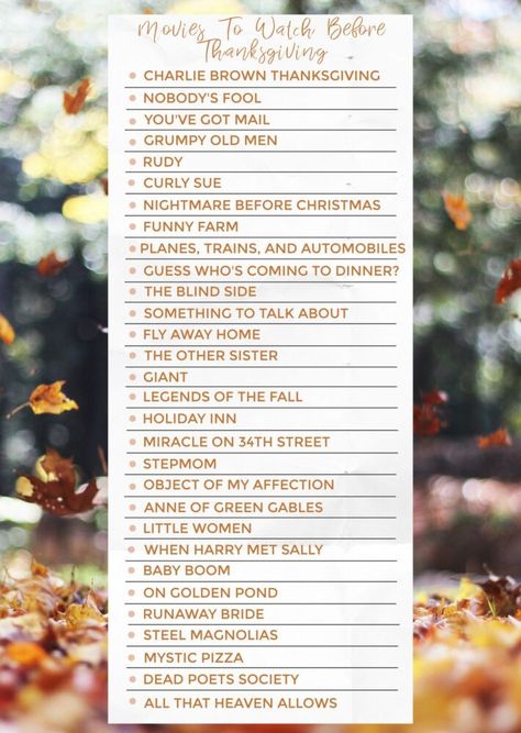 30 Movies to Watch Before Thanksgiving - Hello Gorgeous, by Angela Lanter Thanksgiving Movie List, November Movies List, Movies To Watch In November, Thanksgiving Movies List, November Movie List, November Movies, Seasonal Checklist, Fun Thanksgiving Ideas, Fall Movies To Watch