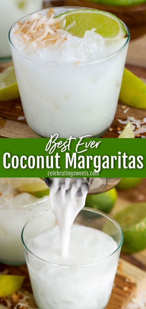 Coconut margarita in a clear glass cup in the top picture and it is being poured into the cup in the bottom picture Coconut Tequila, Coconut Margarita, Yummy Alcoholic Drinks, Boozy Drinks, Mixed Drinks Recipes, Cocktail Drinks Recipes, Margarita Recipe, Margarita Recipes, Alcohol Drink Recipes