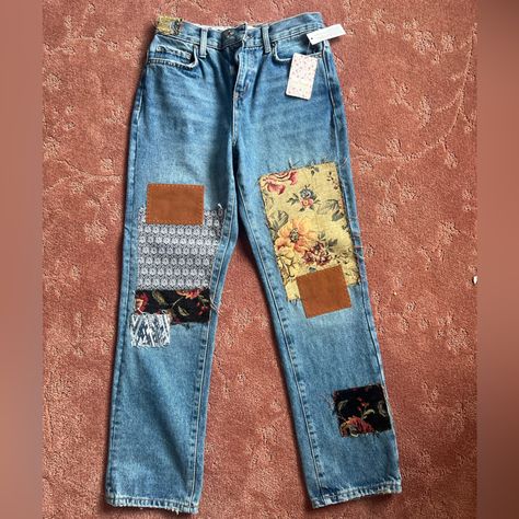 Brand New Tags Still On Never Worn Size 25 Jeans With Writing On Them, Patched Up Jeans, Custom Patchwork Jeans, Patchwork On Jeans, Diy Patch Jeans, Sewing Patches On Jeans, Cheap Medium Wash Patchwork Jeans, Jeans With Quilt Patches, Jean Patches Ideas