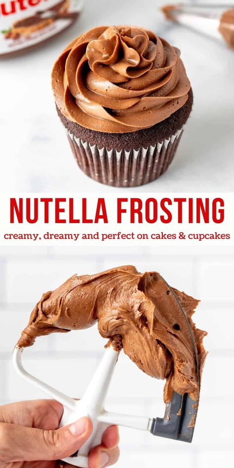 This delicious Nutella frosting is a thick and creamy American-style buttercream recipe. It has the perfect chocolate hazelnut flavor without being too sweet. It pipes beautifully and has a silky smooth finish that's absolutely beautiful. #nutella #frosting #buttercream #nutellacake #nutellacupcakes #chocolatehazelnut #nutellafrosting from Just So Tasty Nutella Buttercream Recipe, Nutella Whipped Cream Frosting, Nutella Frosting Easy, Nutella Frosting Recipe, Cookie Dippers, Hazelnut Frosting, Nutella Icing, Nutella Buttercream Frosting, Frosting Buttercream