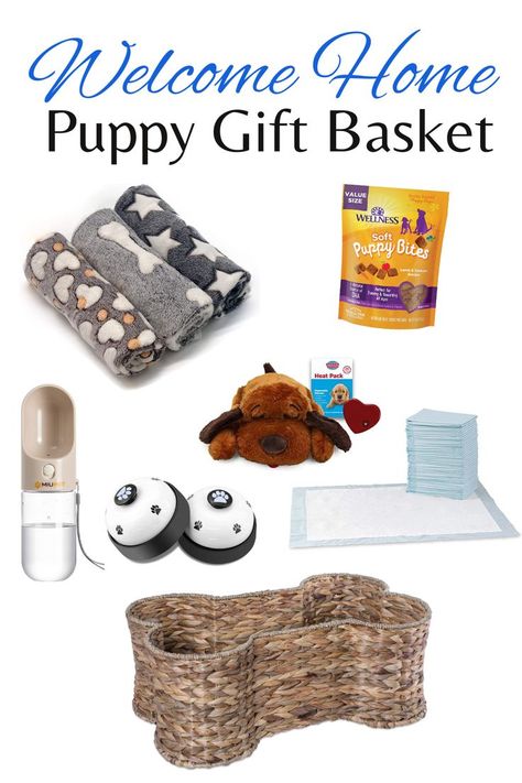 Gift Basket For New Puppy, Dog Hampers Gift Baskets, Doggie Gift Basket Ideas, Dog Toy Basket Ideas, New Puppy Gift Basket Ideas, Puppy Welcome Home Basket, Puppy Go Home Bag Ideas, New Puppy Gift Basket, Dog Basket Ideas