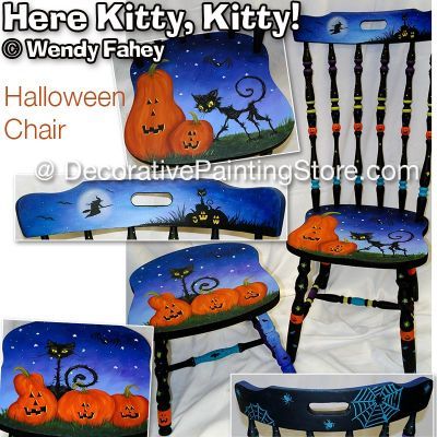 Halloween Chair, Decoupage Chair, Painted Kids Chairs, Chair Painting, Here Kitty Kitty, Scrap Wood Crafts, Purple Paint, Halloween Scene, Old Chairs