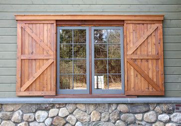 Hybrid Barn Exterior Window Shutters, Barn Door Shutters, Window Shutters Exterior, Glass Railings, Exterior Window, House Shutters, Rustic Exterior, Wooden Shutters, Shutters Exterior