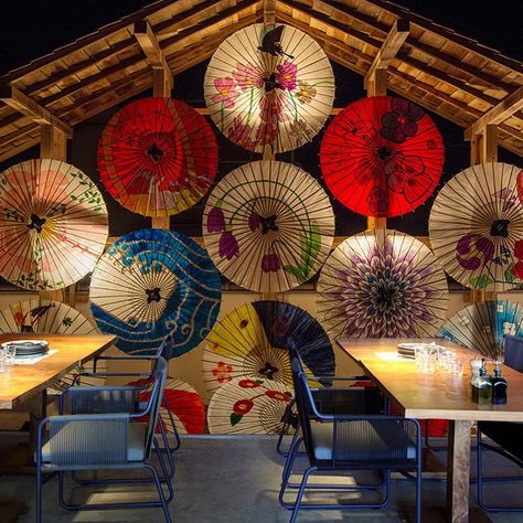 Japanese Restaurant Interior, Japanese Restaurant Design, Colorful Umbrellas, Sushi Restaurant, Asian Restaurants, Custom Murals, Sushi Restaurants, Japanese Restaurant, Restaurant Interior Design